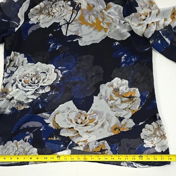 LAURA Women's Semi Sheer Blouse Top Blue Large White Floral Print Flowy Size XL - Picture 14 of 15